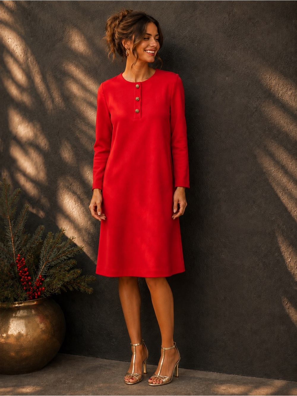 Vintage Willow Ridge Red Shift Dress | Gold Knot Buttons | Made in USA